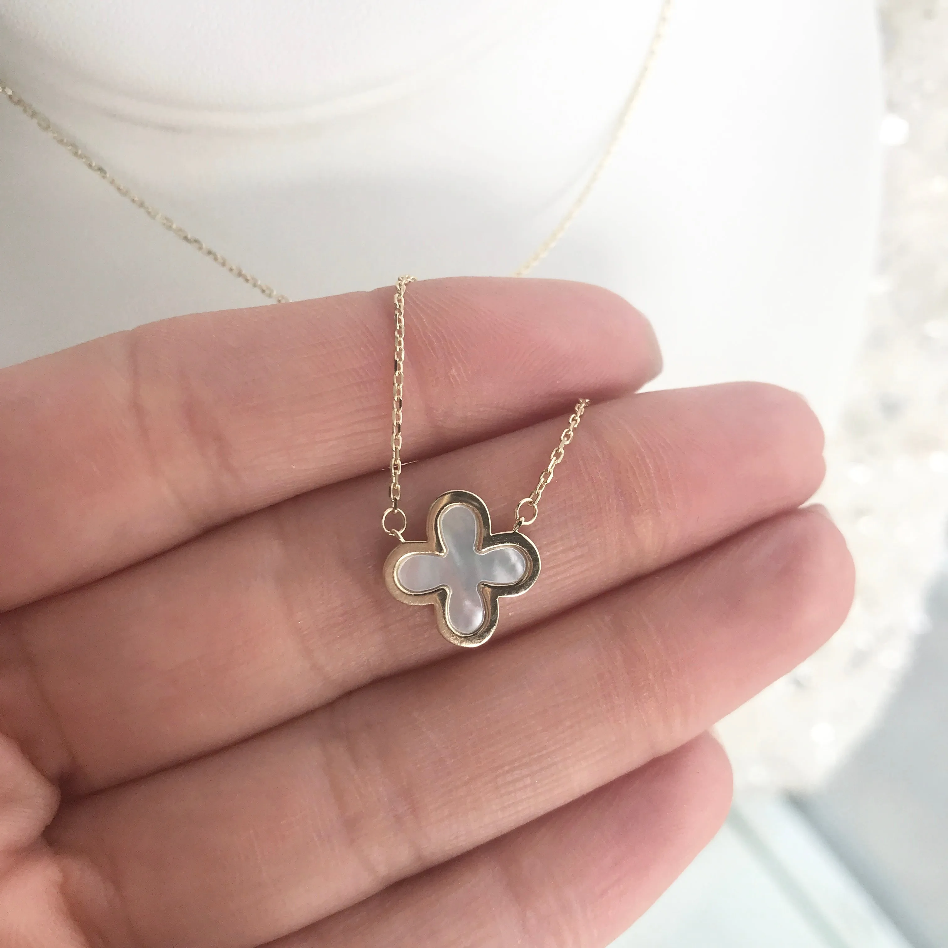 10k Gold Pearl Four Leaf Clover Necklace