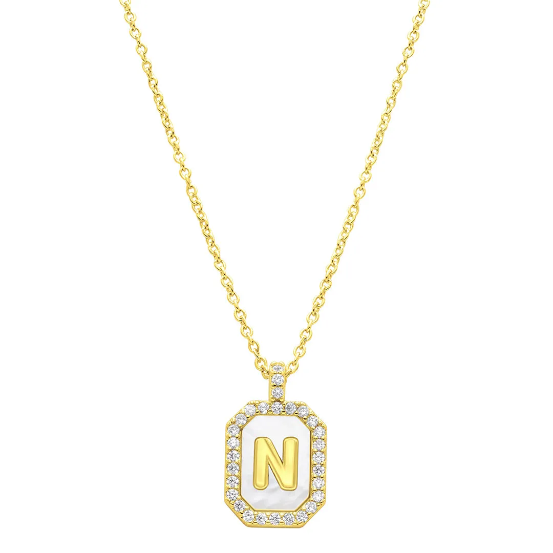 14K Gold Plated White Mother-of-Pearl Initial Tablet Necklace