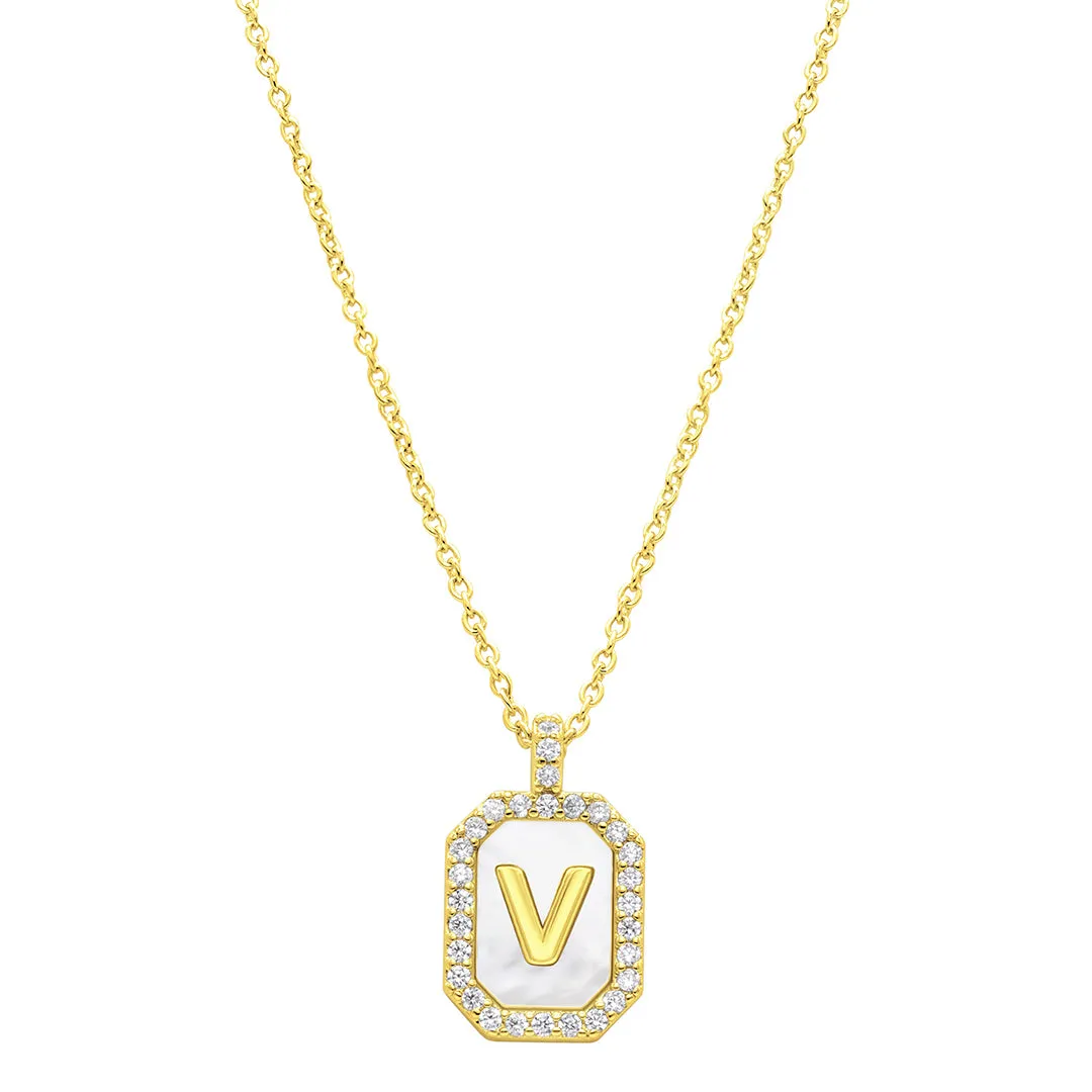 14K Gold Plated White Mother-of-Pearl Initial Tablet Necklace