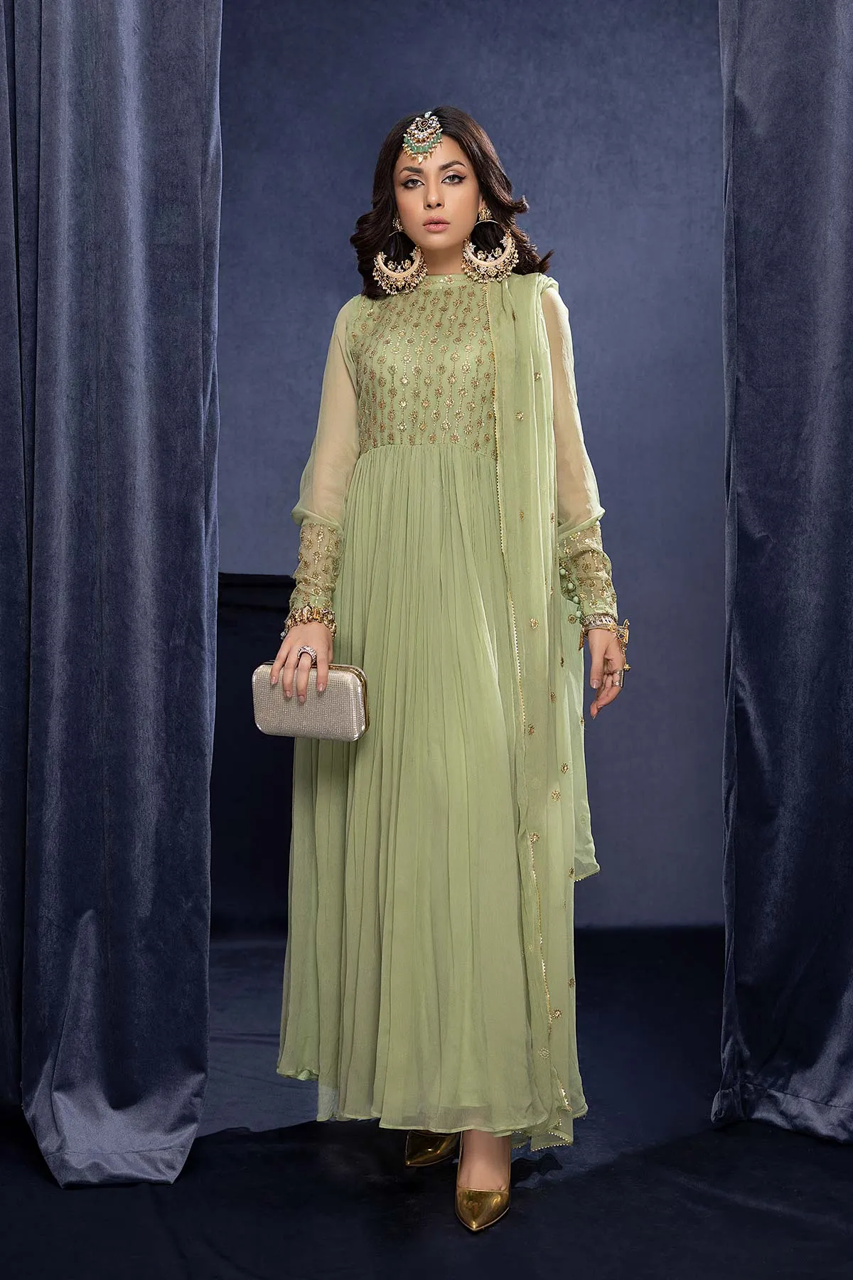 3-PC Embroidered Long Frock With Chiffon Dupatta and Raw Silk Trouser CMA22-71