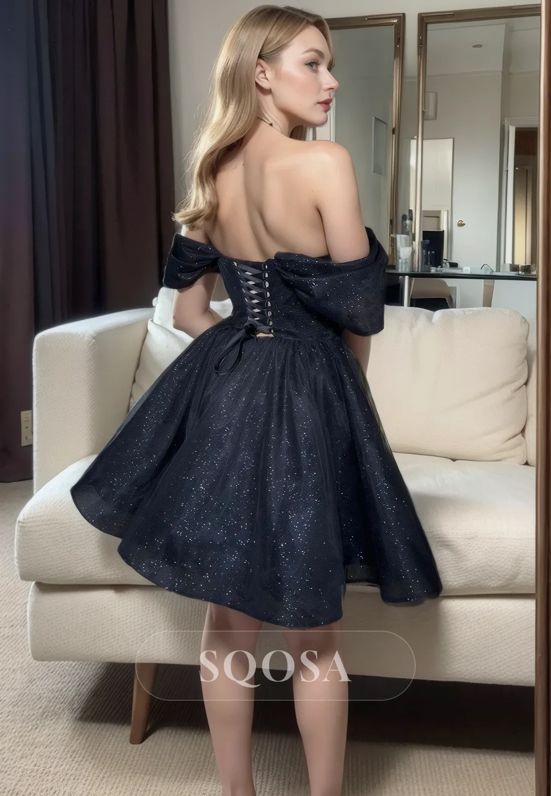 A Line Off Shoulder Black Homecoming Dress with Pockets Short Prom Party Dress