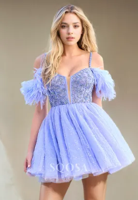 A Line Spaghetti Straps Beads Feathers Homecoming Dress Short Graduation Dress