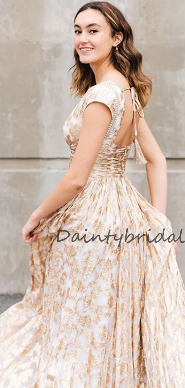 Affordable BateauCap Sleeve Tulle Lace A-line Long Prom Dresses Evening Dresses.DB10675