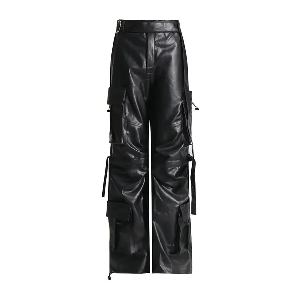 Ashore Shop solid leather cargo pants for women high waist  floor length trouser female