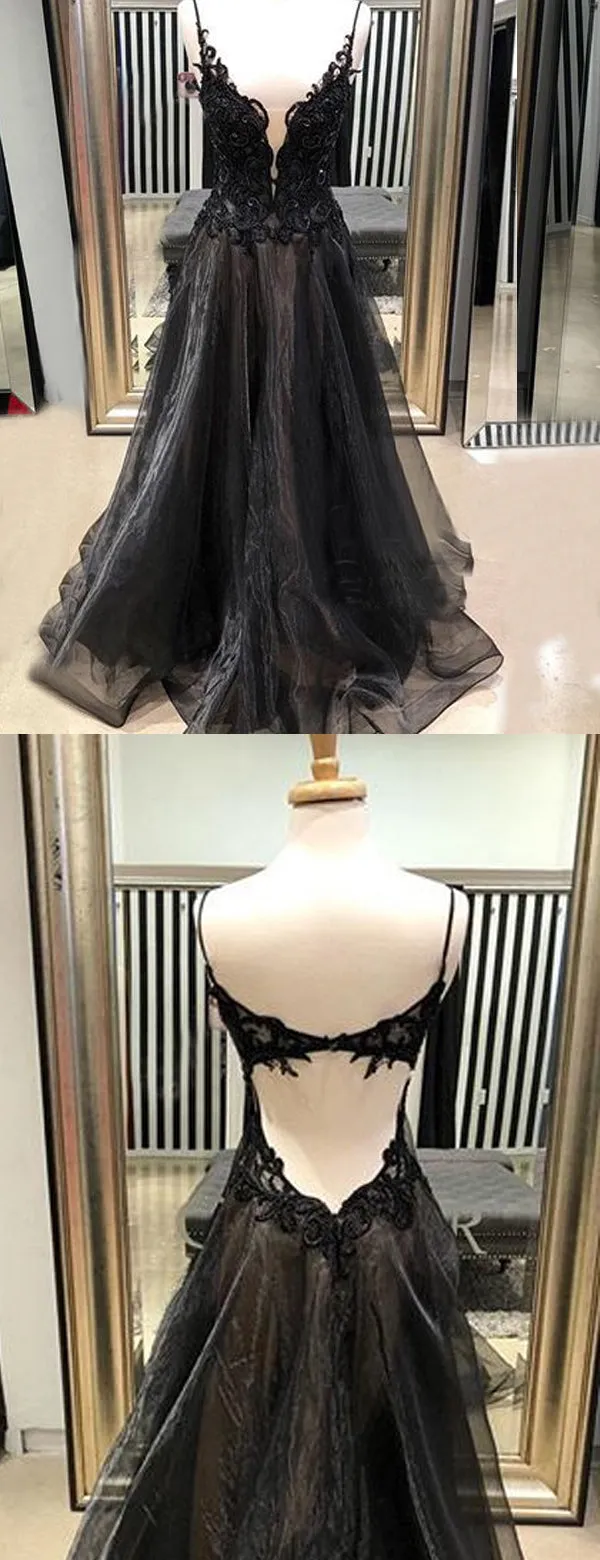 Black Applique Organza Spaghetti Strap Open Back Prom Dresses, DB1087