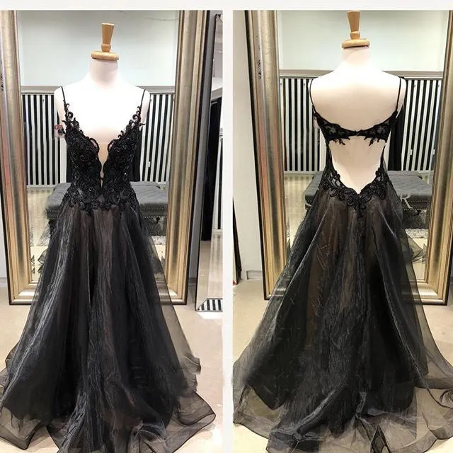 Black Applique Organza Spaghetti Strap Open Back Prom Dresses, DB1087