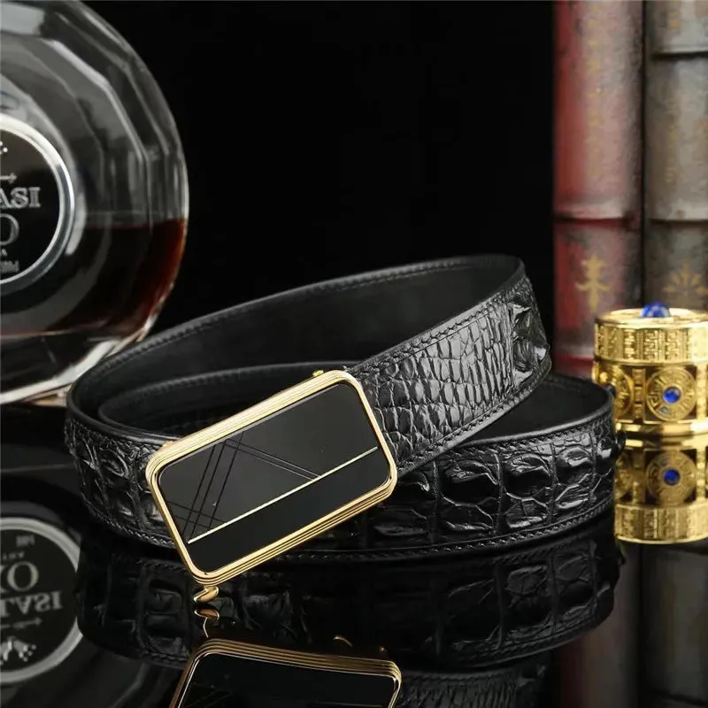 Black Crocodile Skin Leather Strap Auto Steel Buckle Businessmen Waist Belt