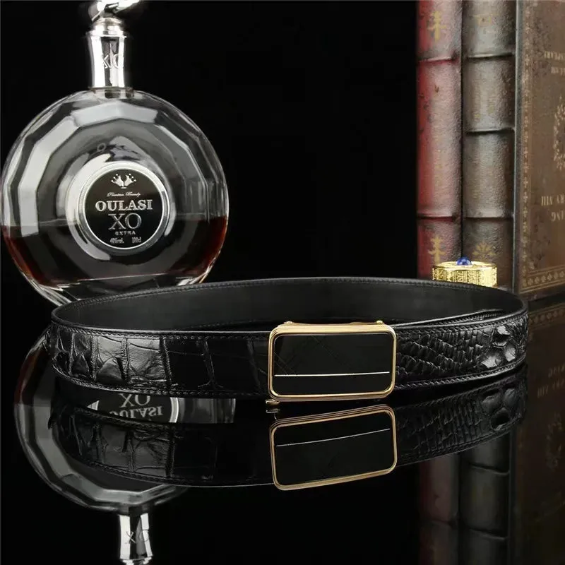 Black Crocodile Skin Leather Strap Auto Steel Buckle Businessmen Waist Belt