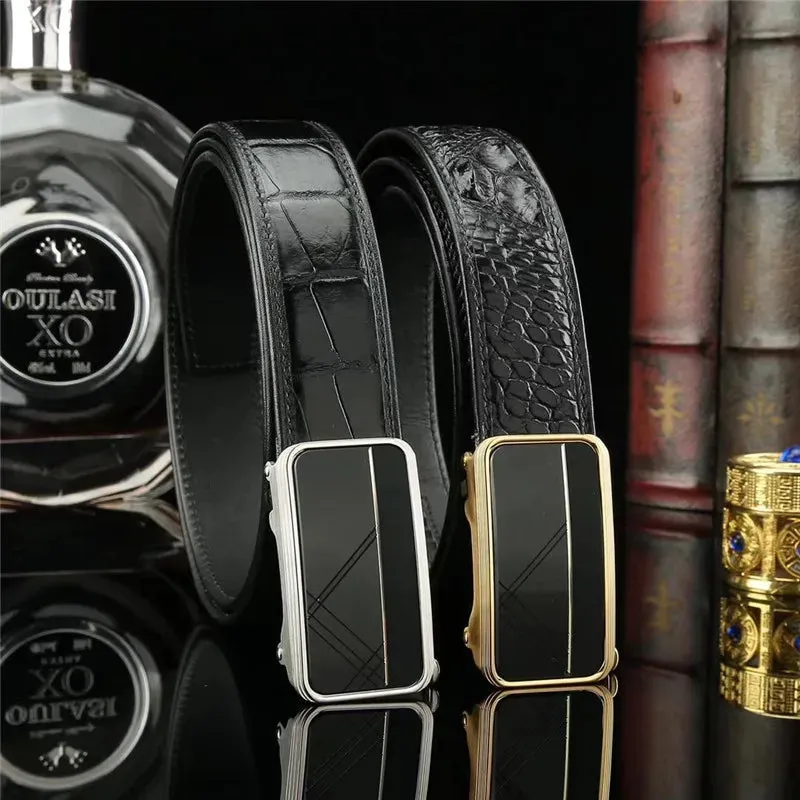 Black Crocodile Skin Leather Strap Auto Steel Buckle Businessmen Waist Belt