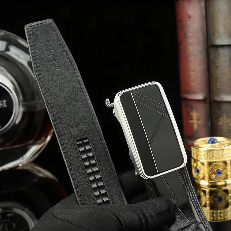 Black Crocodile Skin Leather Strap Auto Steel Buckle Businessmen Waist Belt