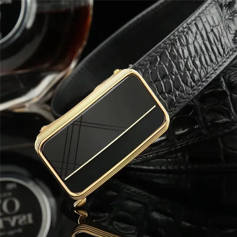 Black Crocodile Skin Leather Strap Auto Steel Buckle Businessmen Waist Belt