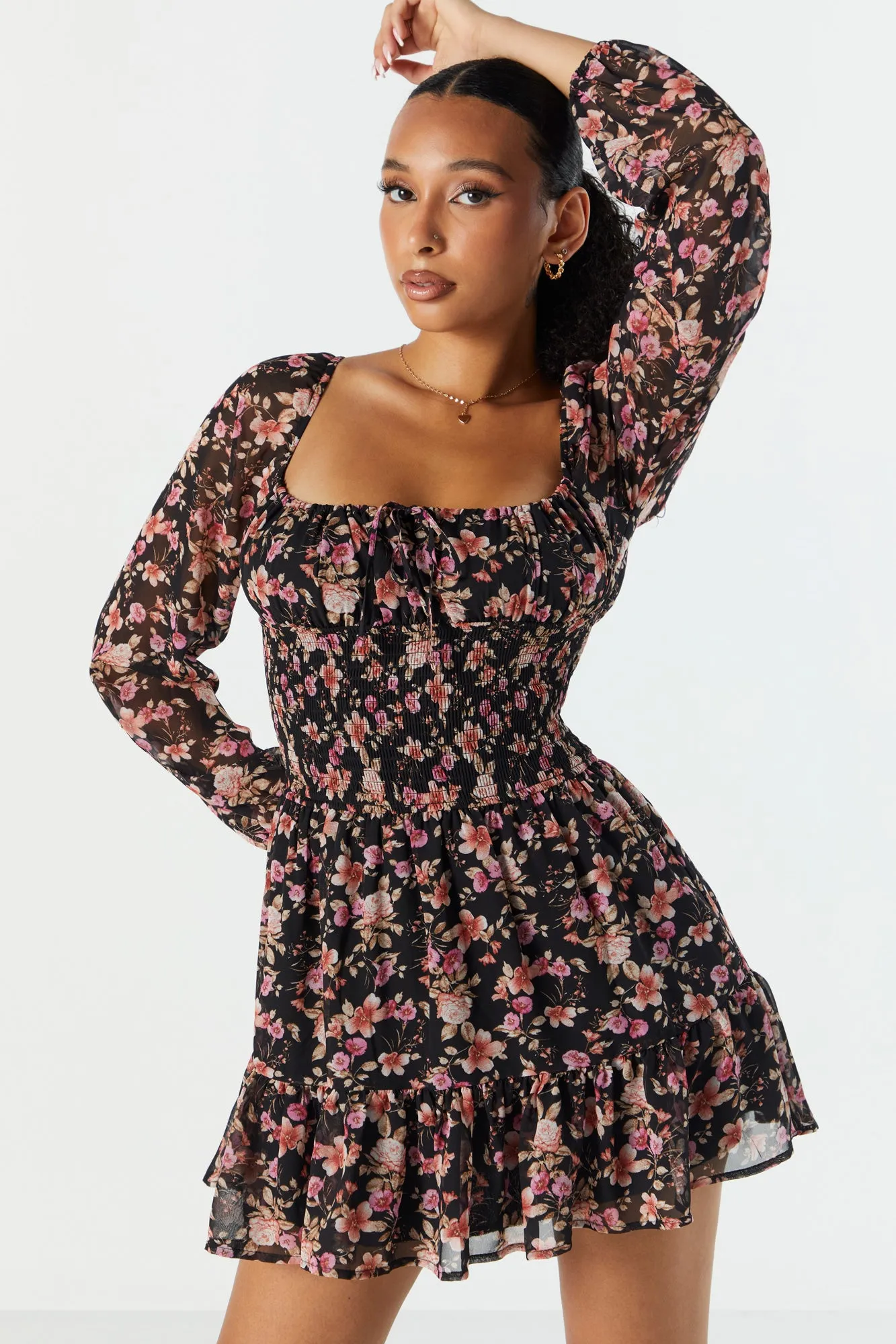 Black Floral Chiffon Milkmaid Long Sleeve Dress