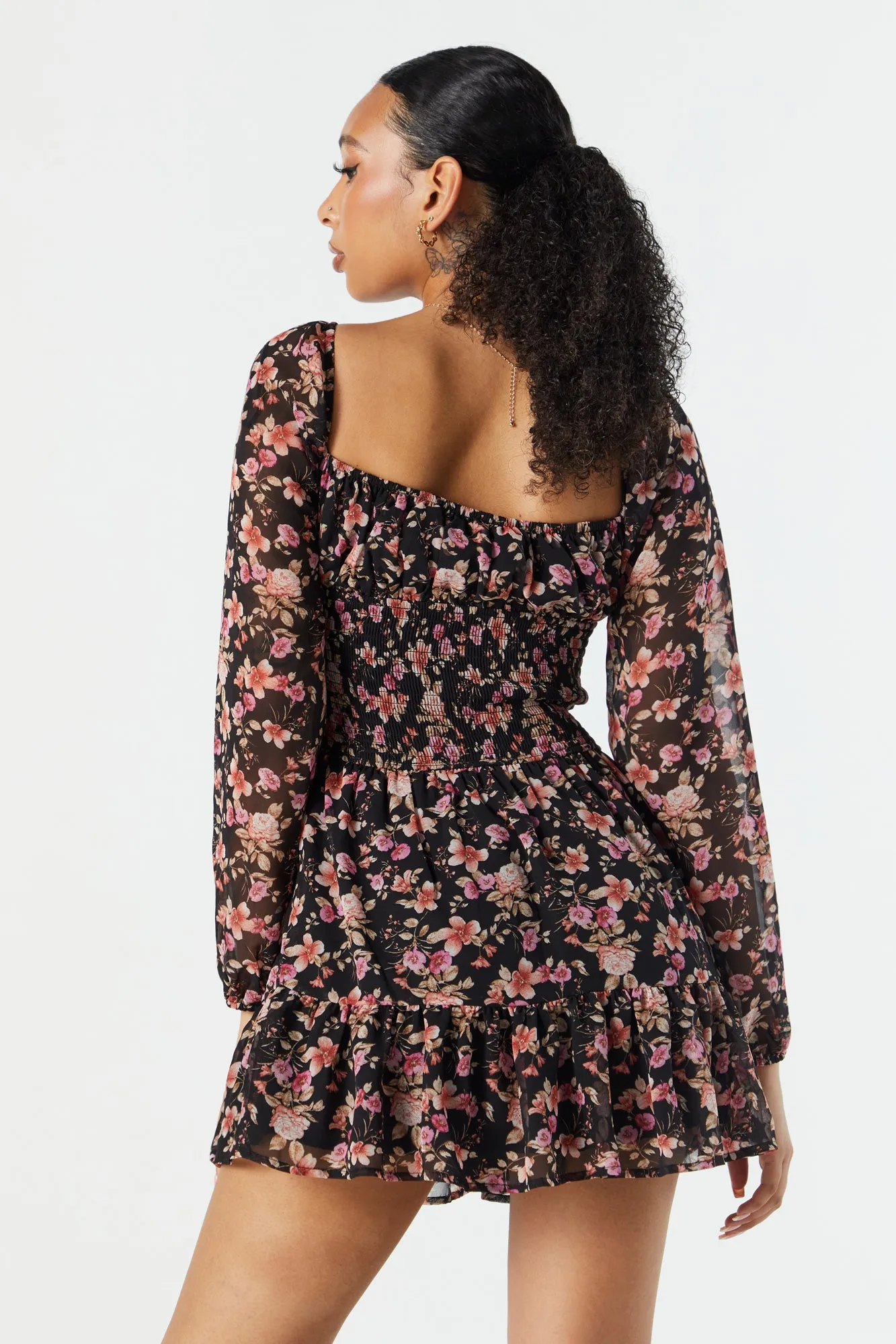 Black Floral Chiffon Milkmaid Long Sleeve Dress