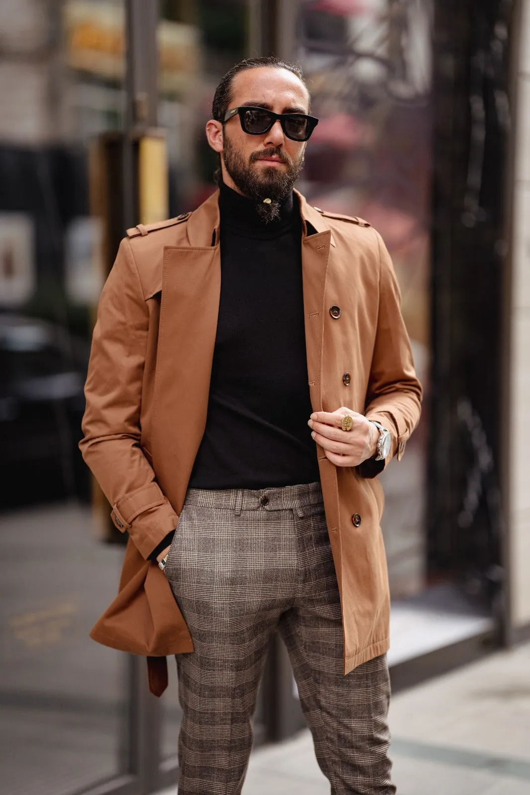 Bojoni Milford Camel Slim Fit Double Breasted Long Coat