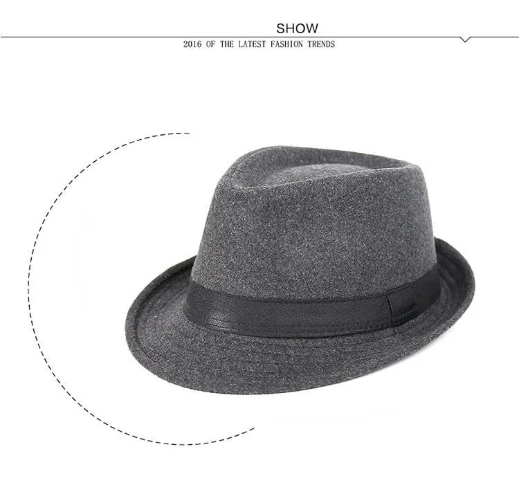 Brief Style Wool Wide Brim Flat Top Fedora Hat Jazz Caps for Men