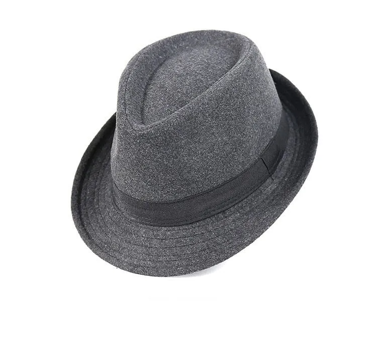 Brief Style Wool Wide Brim Flat Top Fedora Hat Jazz Caps for Men