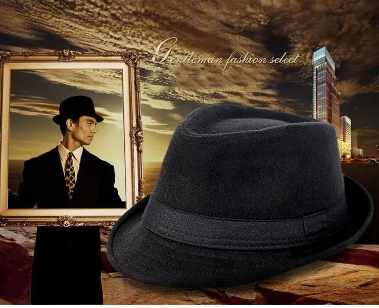 Brief Style Wool Wide Brim Flat Top Fedora Hat Jazz Caps for Men