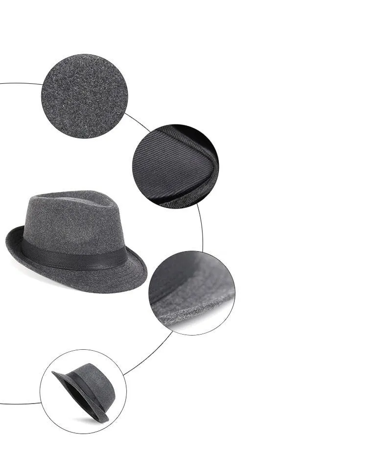 Brief Style Wool Wide Brim Flat Top Fedora Hat Jazz Caps for Men