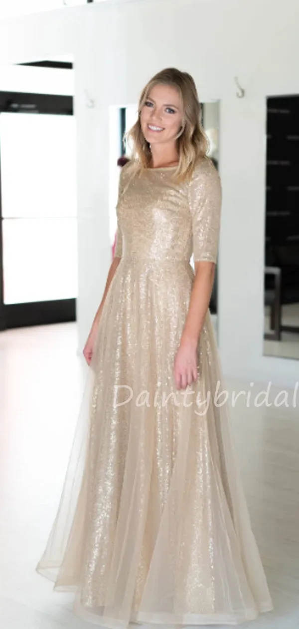 Charming 1/2 Sleeve Scoop Neck Sequin Long Prom Dresses Evening Dresses.DB10502