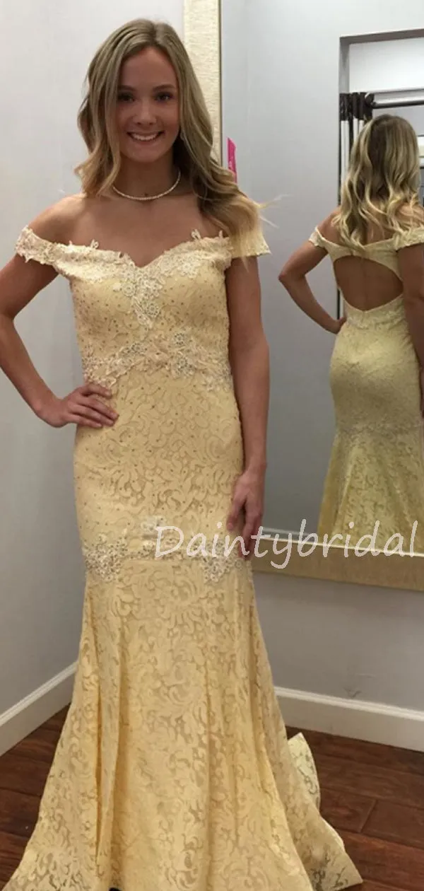 Charming Off-shoulder Lace Mermaid Long Prom Dresses Evening Dresses.DB10546