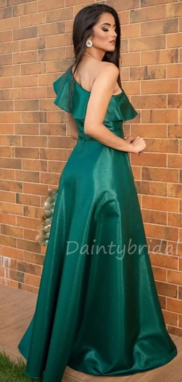 Charming One-shoulder A-line Satin Long Prom Dresses Evening Dresses.DB10437