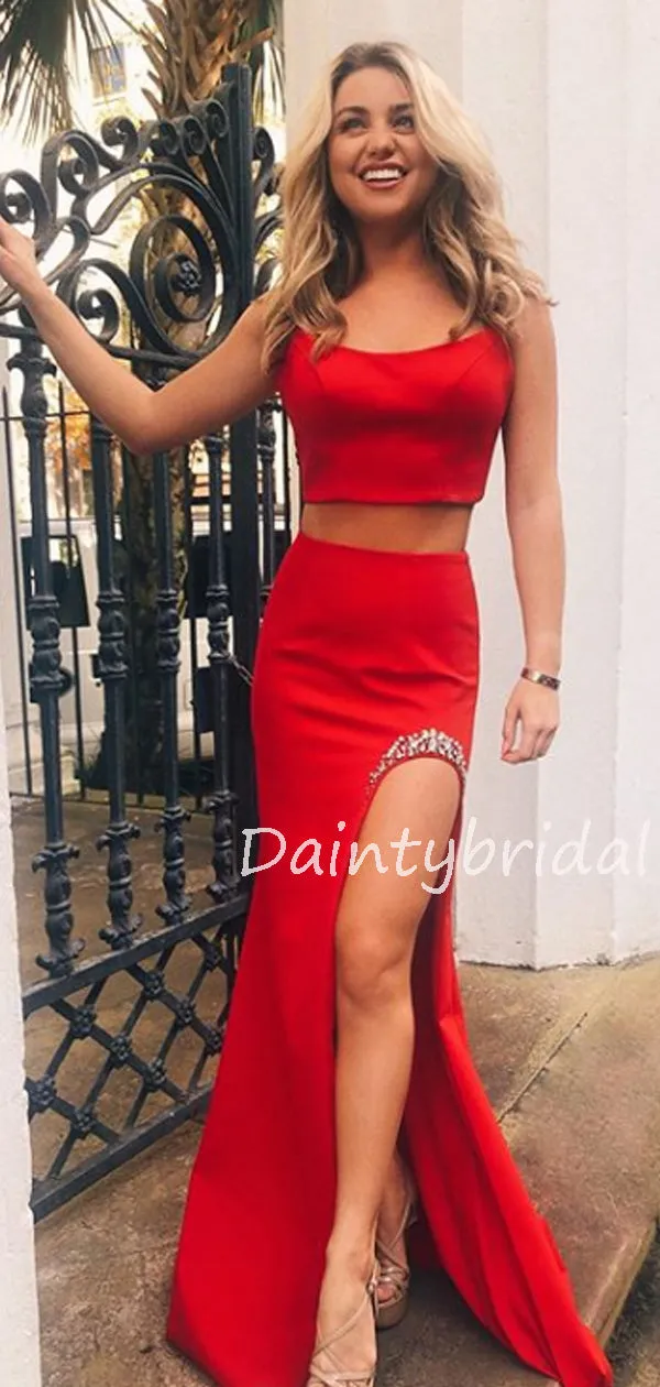 Charming Satin Two-piece Side Slit Mermaid Long Prom Dresses Evening Dresses.DB10536