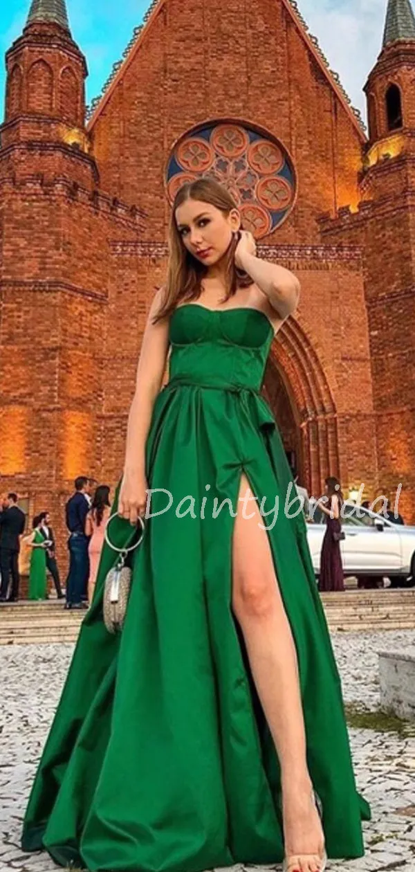 Charming Sweetheart Side Slit Satin A-line Long Prom Dresses Evening Dresses.DB10560