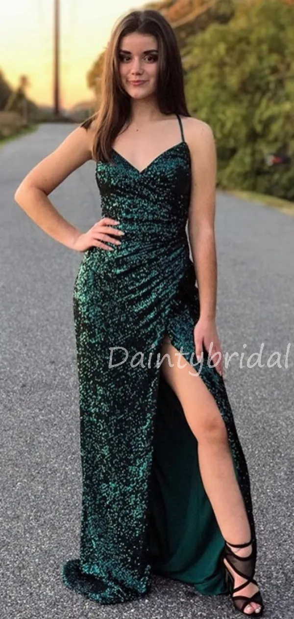 Charming V-neck Side Slit Sequin Open Back Long Prom Dresses Evening Dresses.DB10559