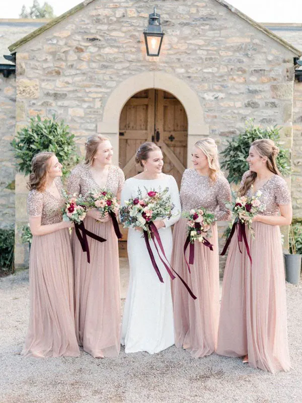 Charming V-neck Sleeve Floor-length Tulle Sequin Long Bridesmaid Dresses.DB10750