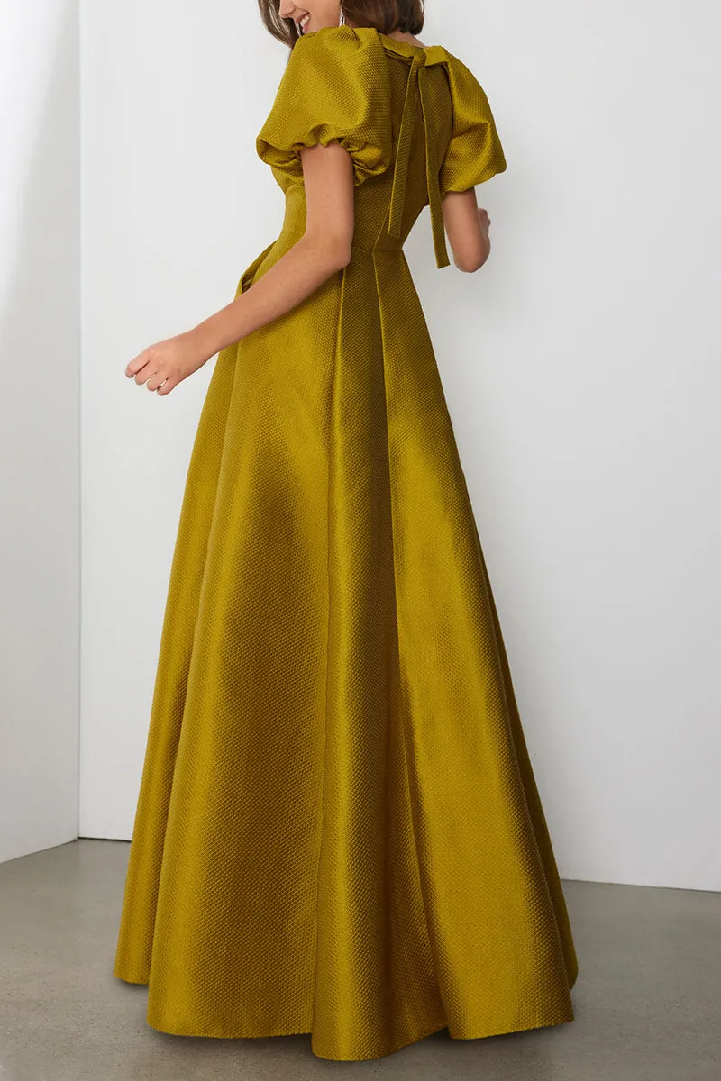 Chic Satin A-Line Bateau Puff Sleeves Floor-Length Cocktail Dress QM3350