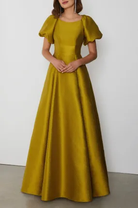 Chic Satin A-Line Bateau Puff Sleeves Floor-Length Cocktail Dress QM3350