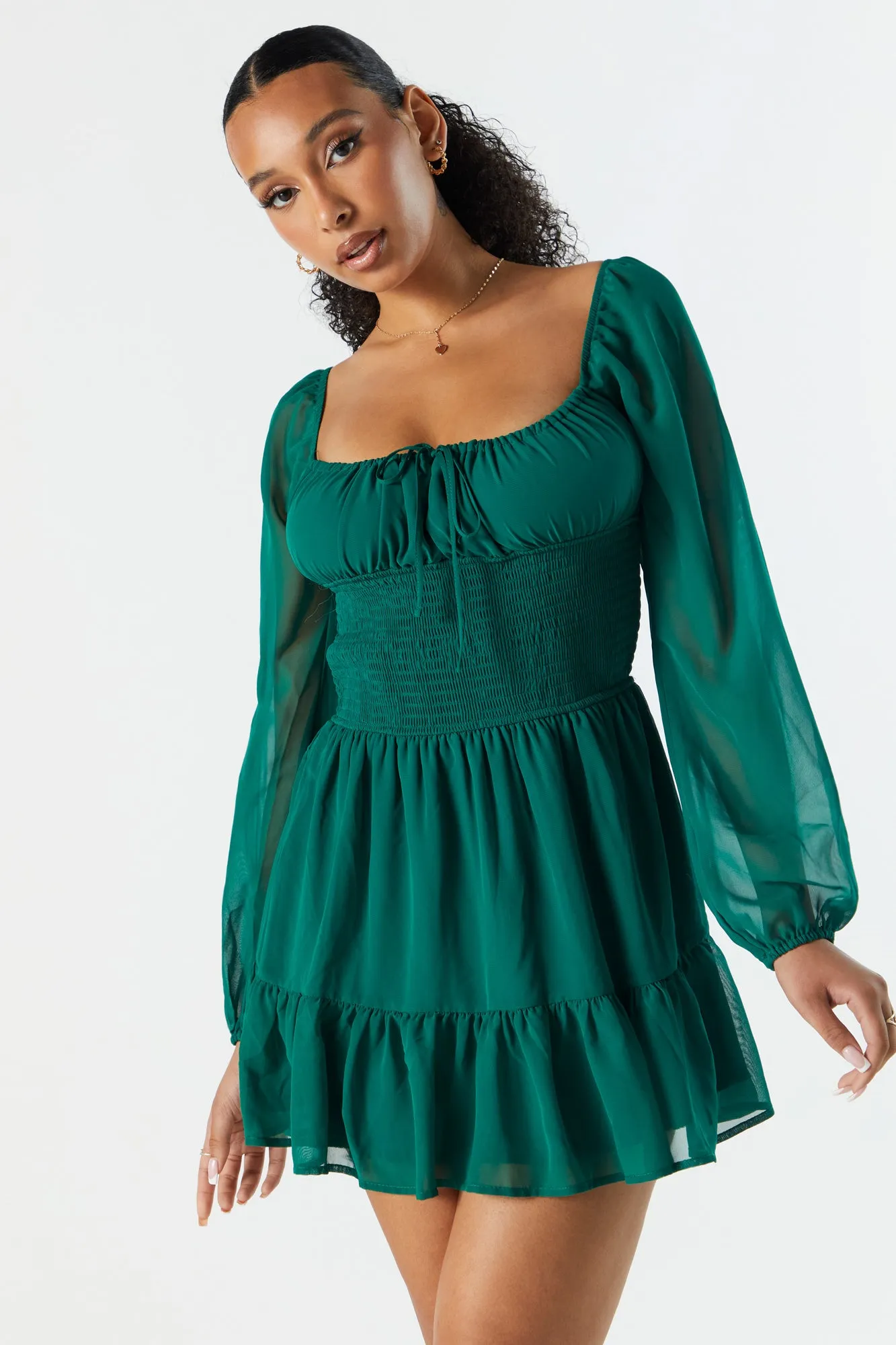 Chiffon Milkmaid Long Sleeve Dress