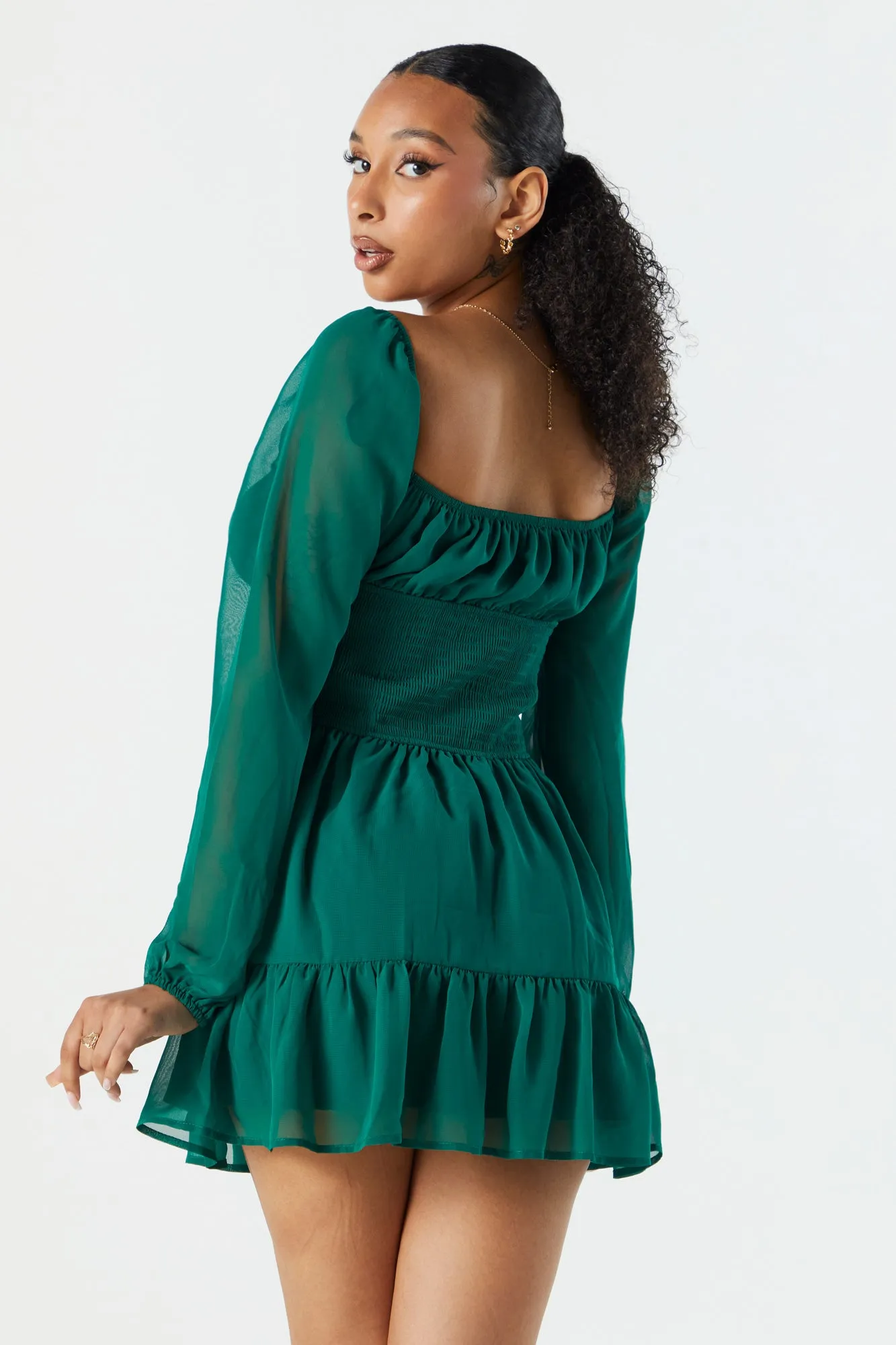 Chiffon Milkmaid Long Sleeve Dress