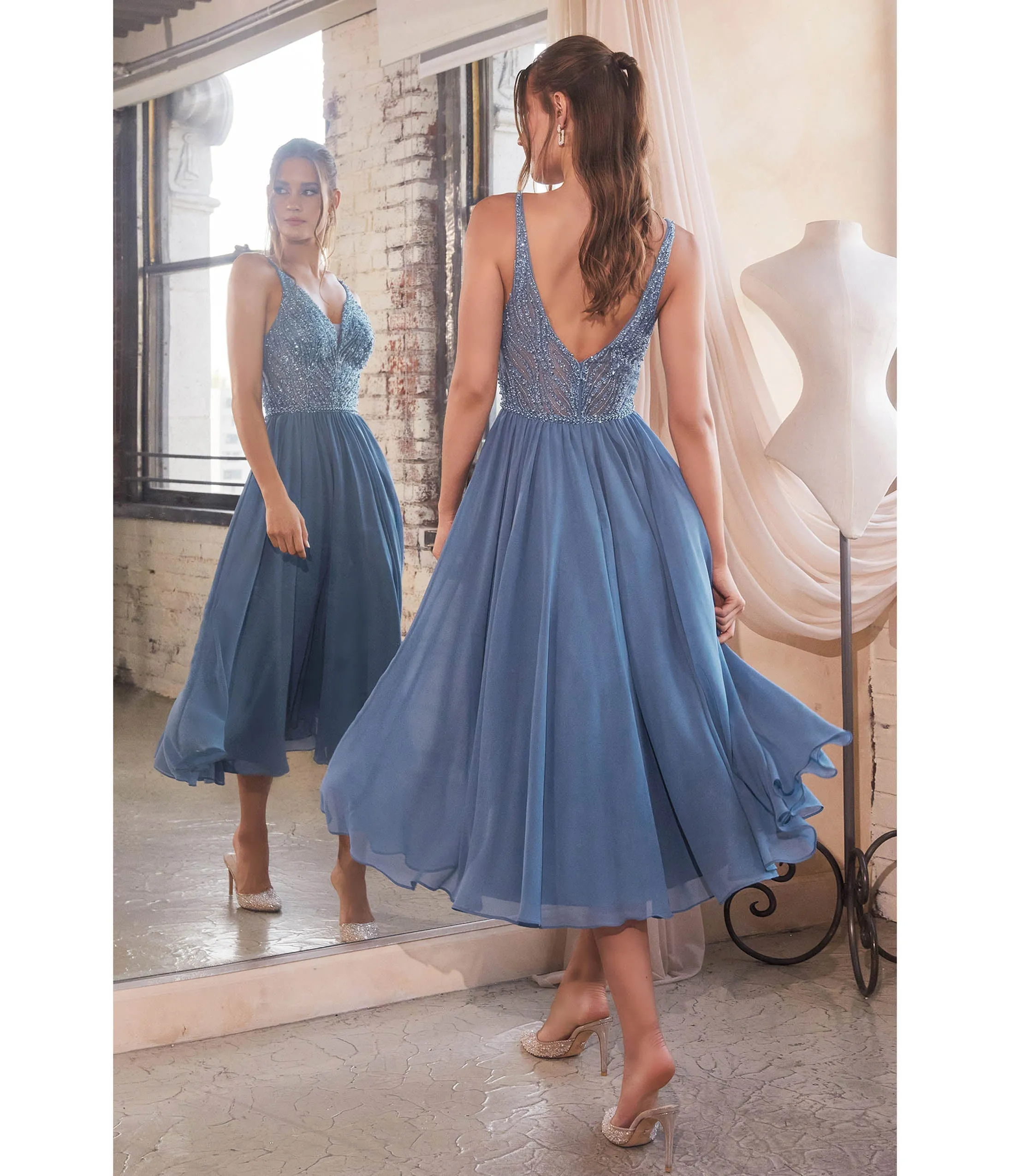 Cinderella Divine  Smoky Blue Beaded Chiffon Tea Length Dress