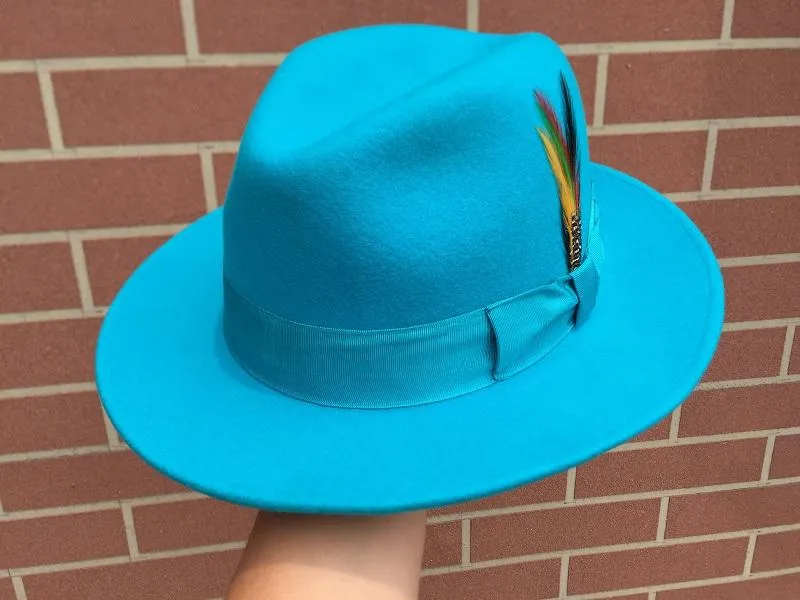 Classic Light Blue Wool Felt Fur Godfather Fedora Hat in Italian Design