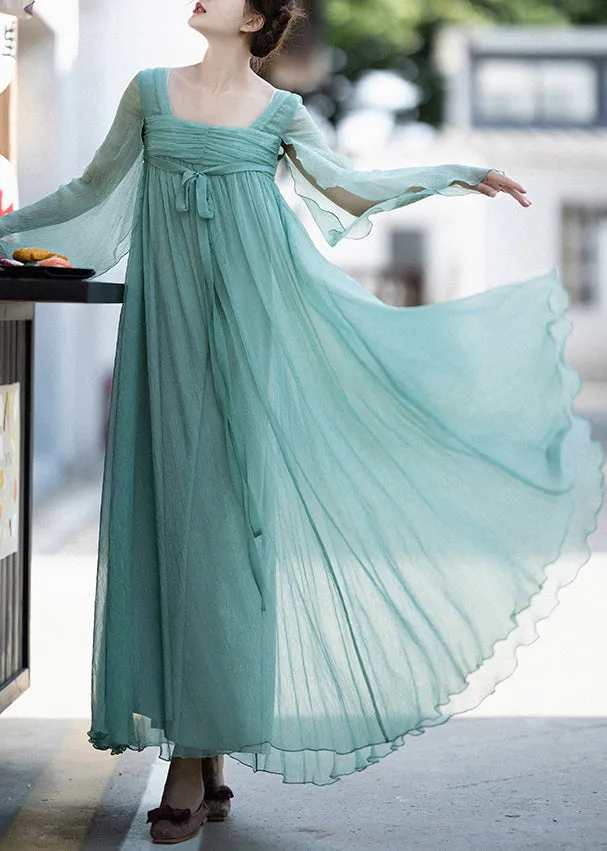 Classy Green Square Collar Wrinkled Lace Up Chiffon Dresses Summer QA1063