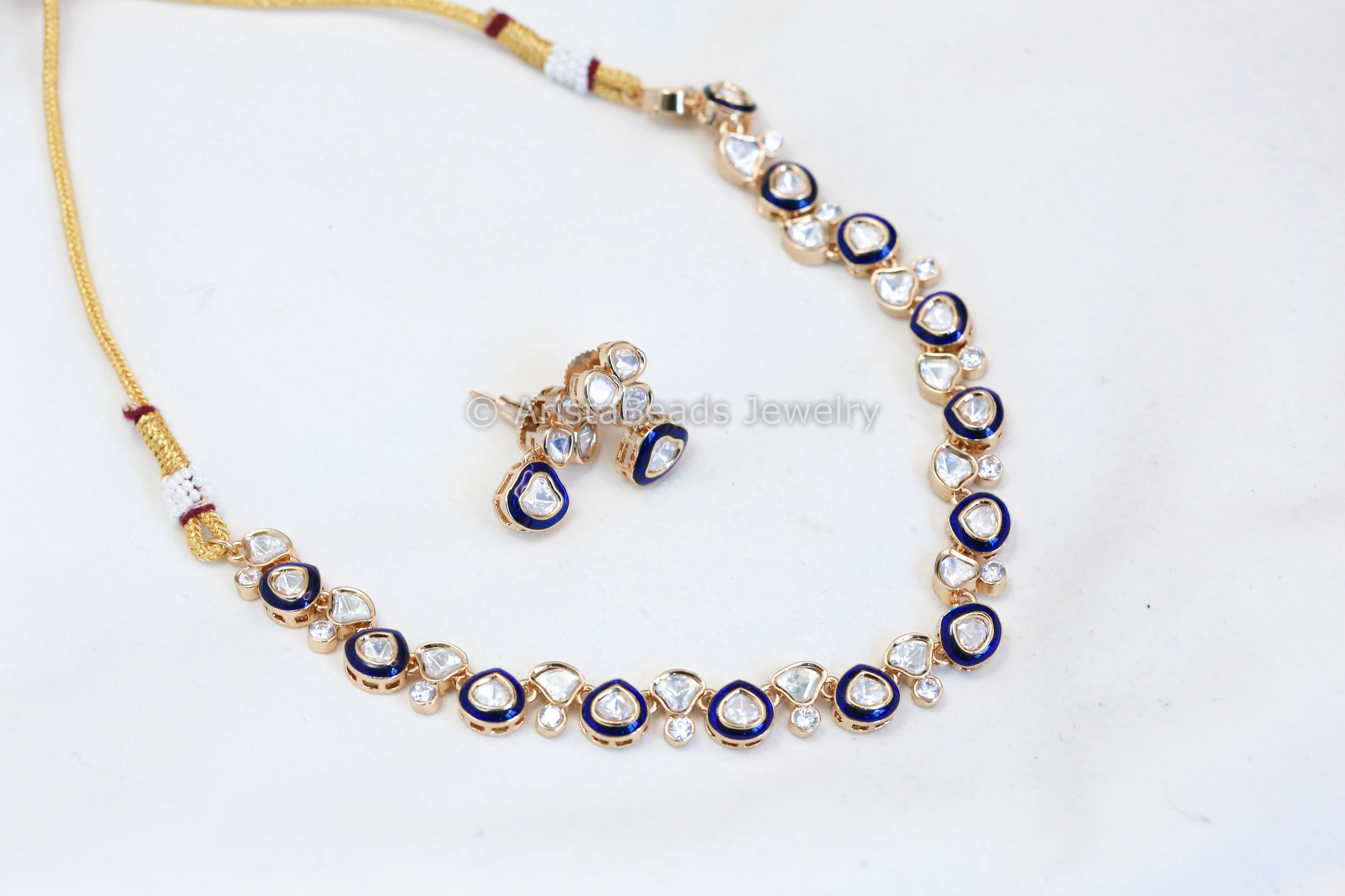 Dainty Uncut Polki & Enamel Necklace Set