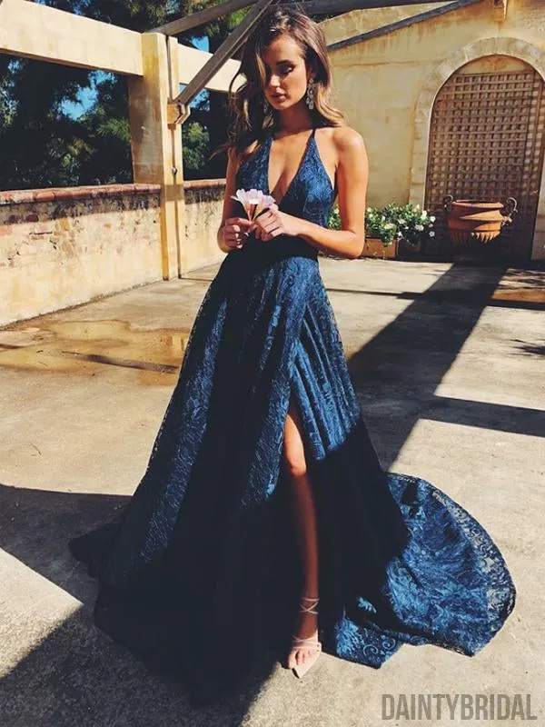 Elegant A-Line Deep V-Neck  Sleeveless Side Slit Lace Long Prom Dresses.DB10056