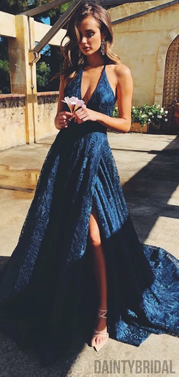 Elegant A-Line Deep V-Neck  Sleeveless Side Slit Lace Long Prom Dresses.DB10056