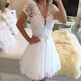 Elegant A-line Lace Short Sleeve Deep V-neck  Beads Bow Sash Sweetheart Above Knee-length Homecoming Dress,BD0105