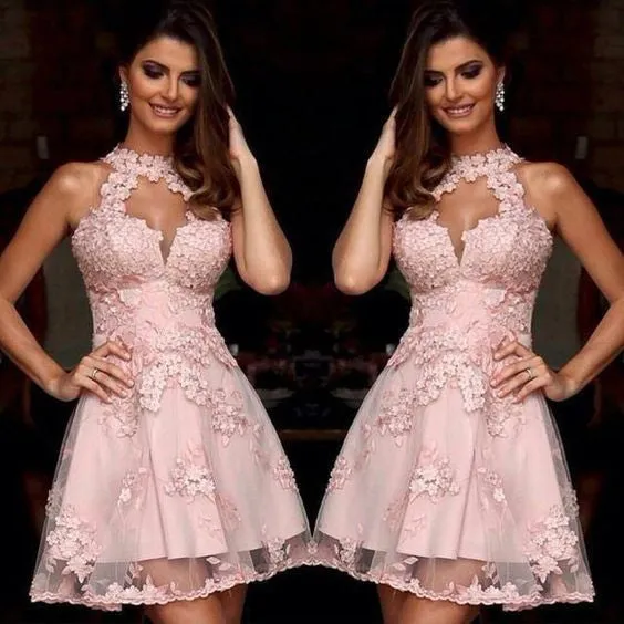 Elegant  A-line Pink Halter Lace Appliques Sleeveless Backless V-neck  Knee-length Homecoming Dress,BD0102