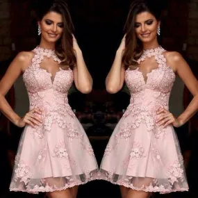 Elegant  A-line Pink Halter Lace Appliques Sleeveless Backless V-neck  Knee-length Homecoming Dress,BD0102