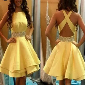 Elegant  A-line Sleeveless Beads Sash Cross Straps Back Stacked Folds Knee-length Homecoming Dress,BD0103