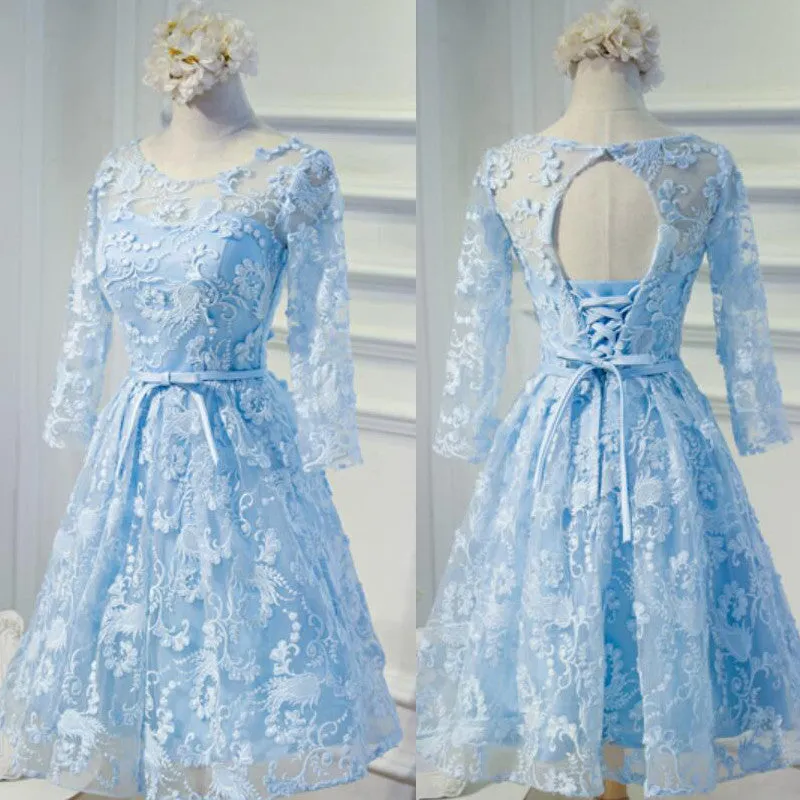 Elegant Long Sleeve  Clairvoyant Outfit Keyhole  Lace Up Back  Organza Full  Lace Knee Length Homecoming Dress,BD0130