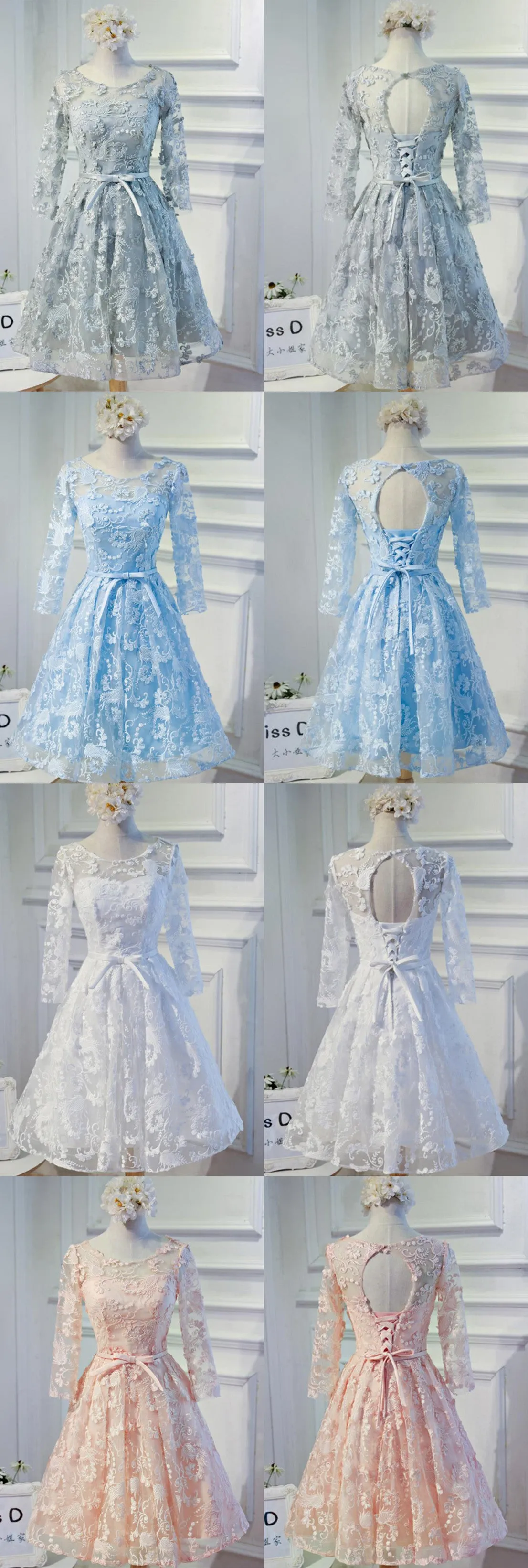 Elegant Long Sleeve  Clairvoyant Outfit Keyhole  Lace Up Back  Organza Full  Lace Knee Length Homecoming Dress,BD0130