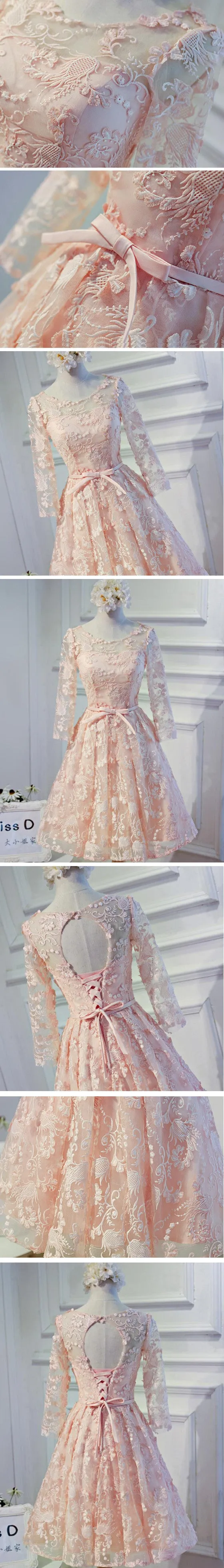 Elegant Long Sleeve  Clairvoyant Outfit Keyhole  Lace Up Back  Organza Full  Lace Knee Length Homecoming Dress,BD0130