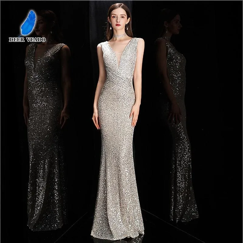 Elegant V-Neck Sequin Evening Dress Long Bodycon Maxi Prom Dress