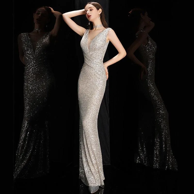 Elegant V-Neck Sequin Evening Dress Long Bodycon Maxi Prom Dress