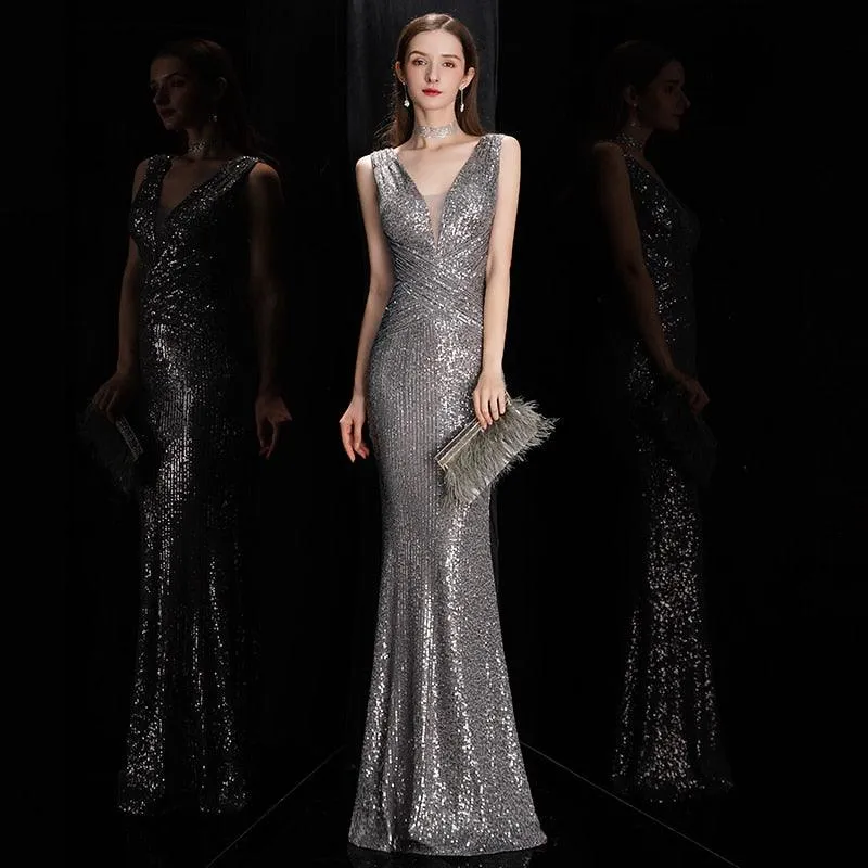 Elegant V-Neck Sequin Evening Dress Long Bodycon Maxi Prom Dress