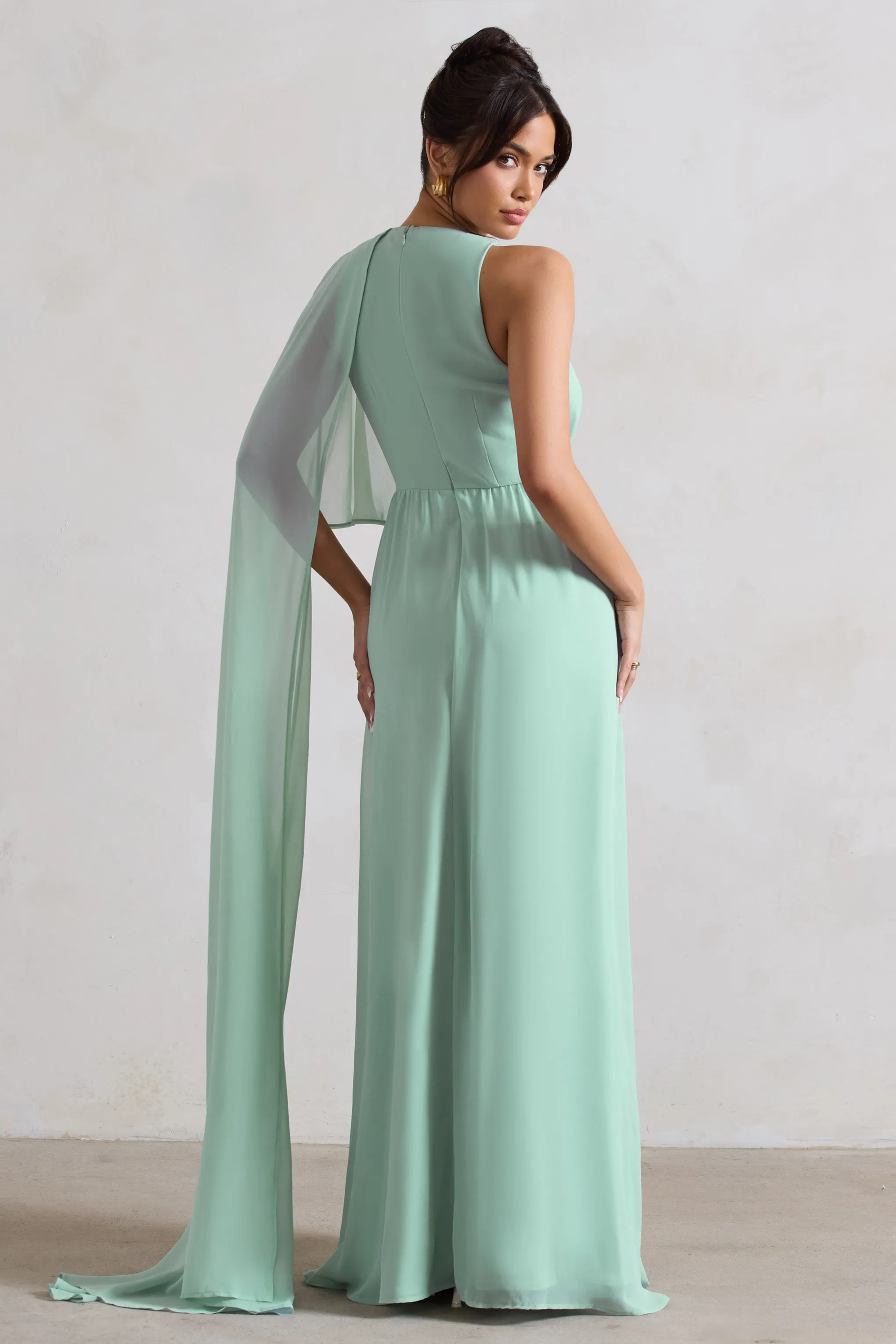 Fairytale | Sage Plunge-Neck Chiffon Maxi Dress With Cape Sleeve